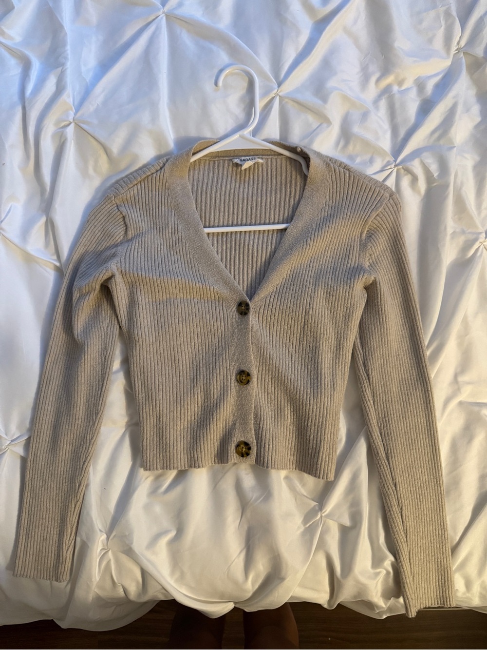 Garage Beige Ribbed V-Neck Button Up Cardigan Long Sleeve Sweater